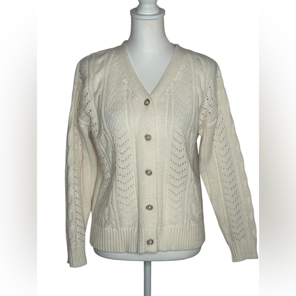 Nanette Lepore EUC Cream Button-Up Cardigan Sz M knit feminine cozy timeless